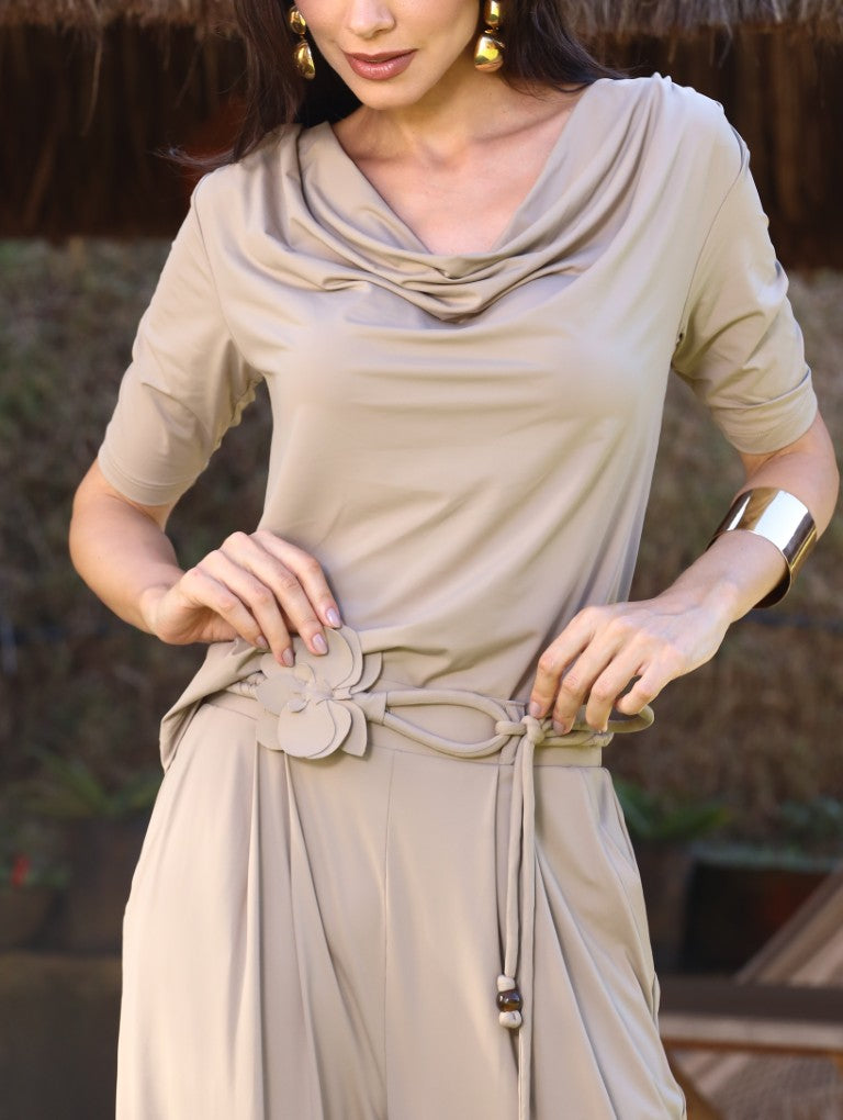 Draped Neck Top with 3/4 Sleeves